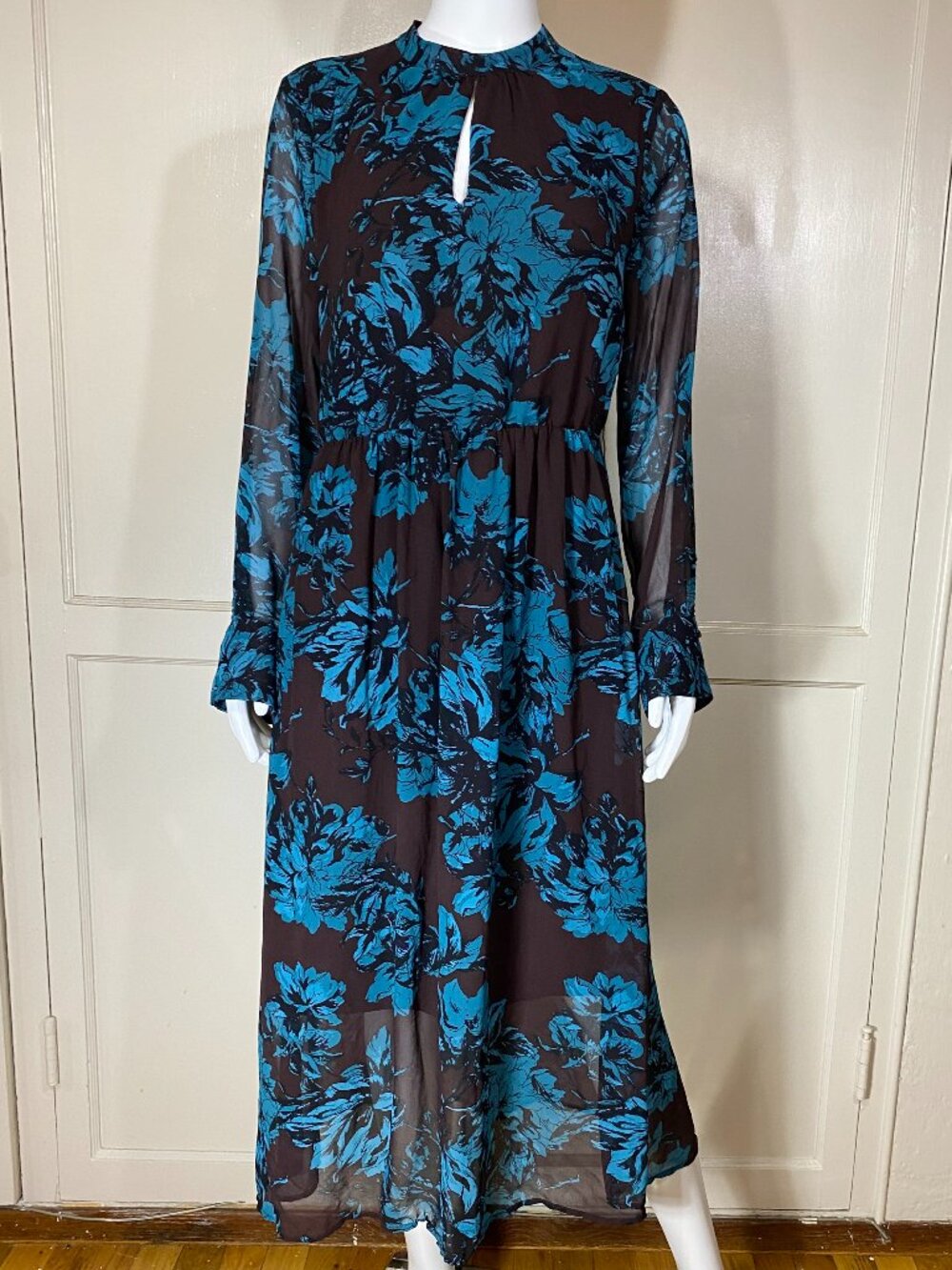 WHO WHAT WEAR Brown Blue Floral Fit Flare Midi Dress Long Sleeve Sheer Sz M Boho - Picture 2 of 10